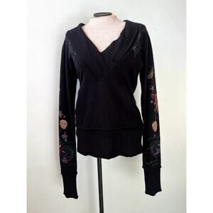 Y2K Vintage Skull/Floral Cashmere Pocket Sweater by Raw-7 - Size S/M